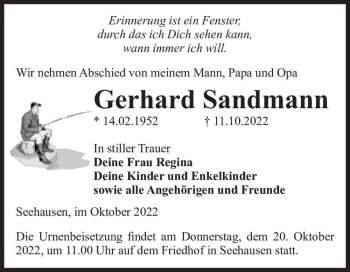 Traueranzeige von Gerhard Sandmann  von Magdeburger Volksstimme