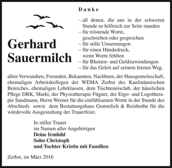 Traueranzeige von Gerhard Sauermilch  von Magdeburger Volksstimme