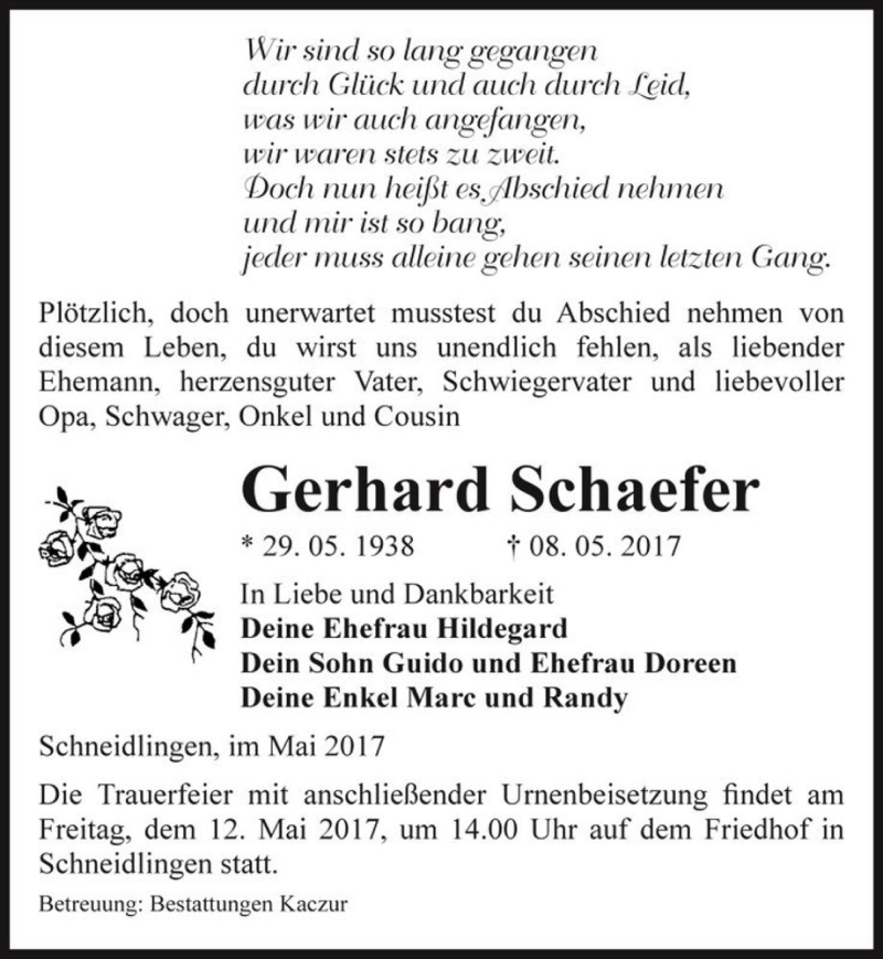  Traueranzeige für Gerhard Schaefer  vom 10.05.2017 aus Magdeburger Volksstimme