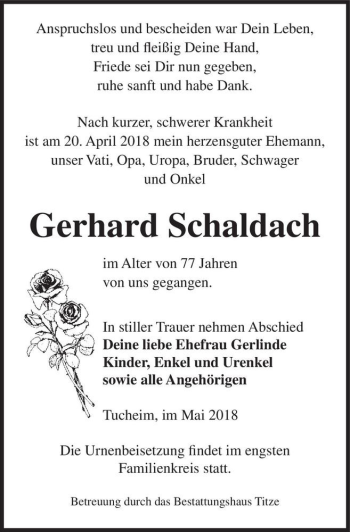 Traueranzeige von Gerhard Schaldach  von Magdeburger Volksstimme