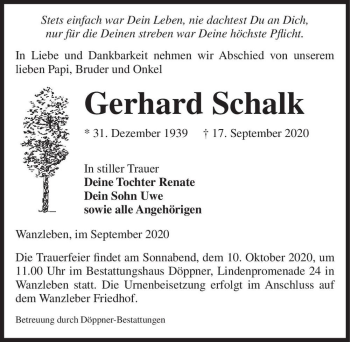 Traueranzeige von Gerhard Schalk  von Magdeburger Volksstimme