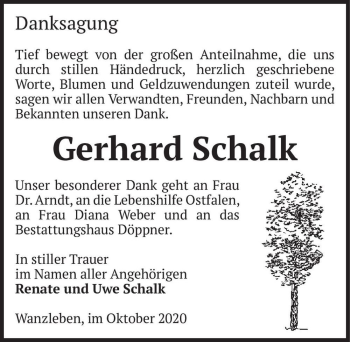 Traueranzeige von Gerhard Schalk  von Magdeburger Volksstimme