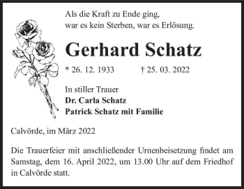 Traueranzeige von Gerhard Schatz  von Magdeburger Volksstimme