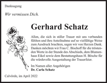 Traueranzeige von Gerhard Schatz  von Magdeburger Volksstimme