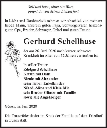 Traueranzeige von Gerhard Schellhase  von Magdeburger Volksstimme