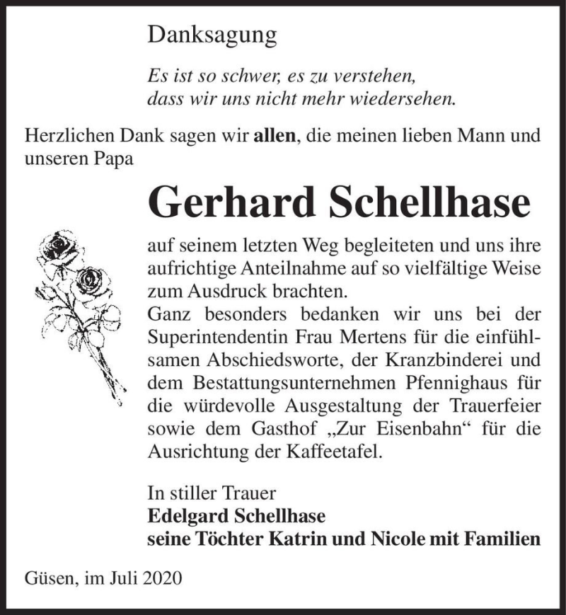  Traueranzeige für Gerhard Schellhase  vom 18.07.2020 aus Magdeburger Volksstimme