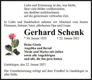 Traueranzeige von Gerhard Schenk  von Magdeburger Volksstimme
