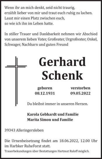 Traueranzeige von Gerhard Schenk  von Magdeburger Volksstimme