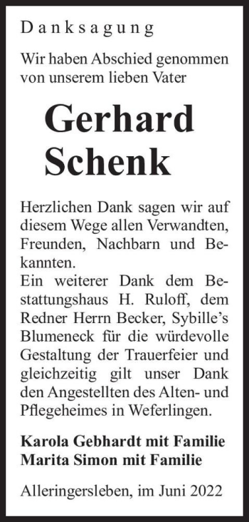 Traueranzeige von Gerhard Schenk  von Magdeburger Volksstimme