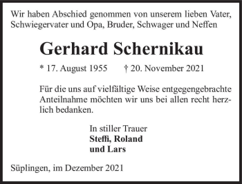 Traueranzeige von Gerhard Schernikau  von Magdeburger Volksstimme