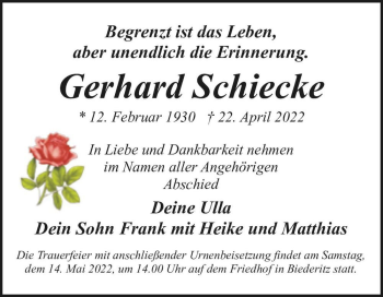 Traueranzeige von Gerhard Schiecke  von Magdeburger Volksstimme