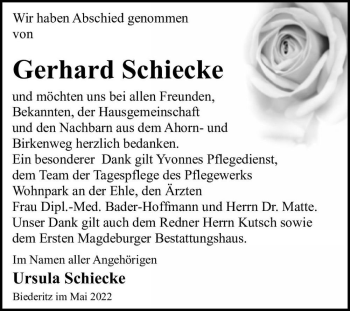 Traueranzeige von Gerhard Schiecke  von Magdeburger Volksstimme