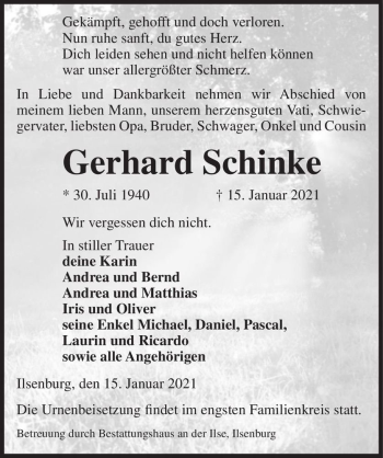 Traueranzeige von Gerhard Schinke  von Magdeburger Volksstimme