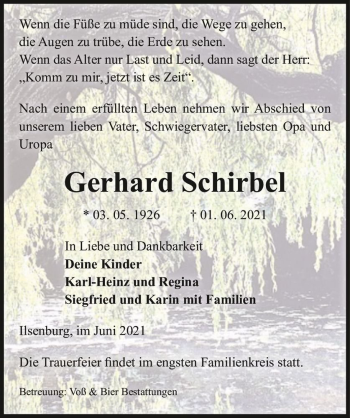 Traueranzeige von Gerhard Schirbel  von Magdeburger Volksstimme