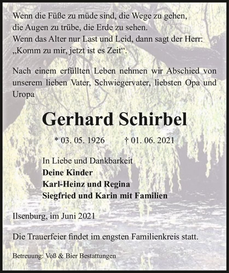  Traueranzeige für Gerhard Schirbel  vom 05.06.2021 aus Magdeburger Volksstimme