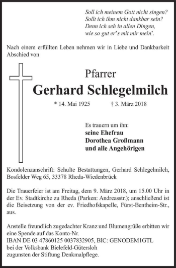 Traueranzeige von Gerhard Schlegelmilch  von Magdeburger Volksstimme