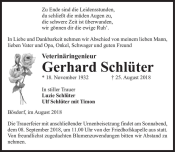 Traueranzeige von Gerhard Schlüter  von Magdeburger Volksstimme