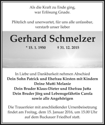 Traueranzeige von Gerhard Schmelzer  von Magdeburger Volksstimme