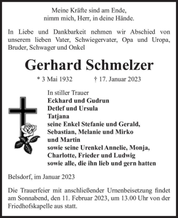 Traueranzeige von Gerhard Schmelzer  von Magdeburger Volksstimme