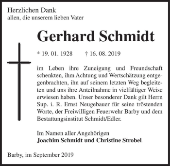 Traueranzeige von Gerhard Schmidt  von Magdeburger Volksstimme