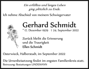 Traueranzeige von Gerhard Schmidt  von Magdeburger Volksstimme