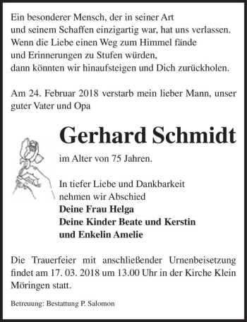 Traueranzeige von Gerhard Schmidt  von Magdeburger Volksstimme