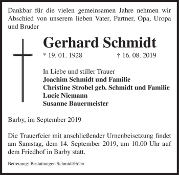Traueranzeige von Gerhard Schmidt  von Magdeburger Volksstimme