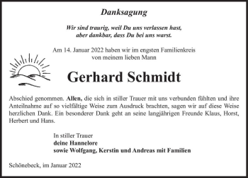 Traueranzeige von Gerhard Schmidt  von Magdeburger Volksstimme