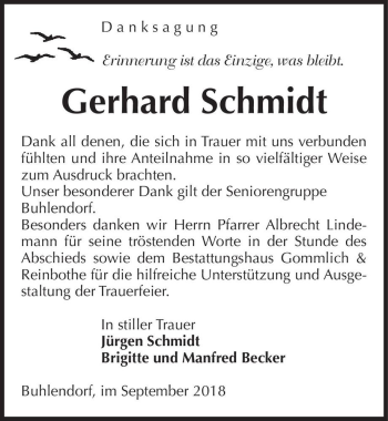 Traueranzeige von Gerhard Schmidt  von Magdeburger Volksstimme