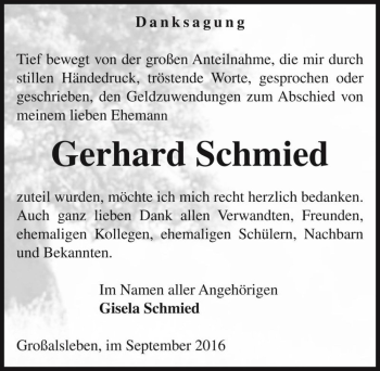 Traueranzeige von Gerhard Schmied  von Magdeburger Volksstimme