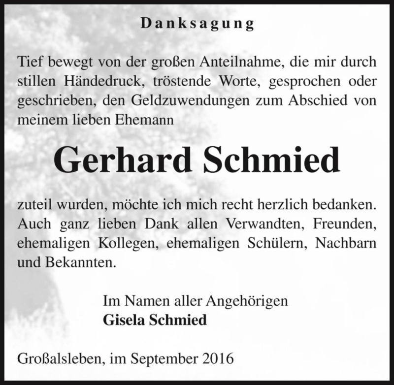  Traueranzeige für Gerhard Schmied  vom 22.09.2016 aus Magdeburger Volksstimme