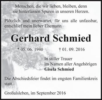 Traueranzeige von Gerhard Schmied  von Magdeburger Volksstimme