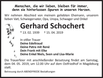 Traueranzeige von Gerhard Schochert  von Magdeburger Volksstimme