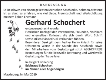 Traueranzeige von Gerhard Schochert  von Magdeburger Volksstimme