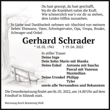 Traueranzeige von Gerhard Schrader  von Magdeburger Volksstimme
