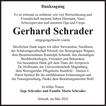 Traueranzeige von Gerhard Schrader  von Magdeburger Volksstimme