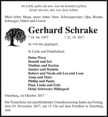 Traueranzeige von Gerhard Schrake  von Magdeburger Volksstimme