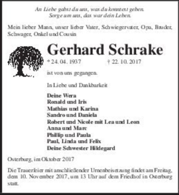 Traueranzeige von Gerhard Schrake  von Magdeburger Volksstimme