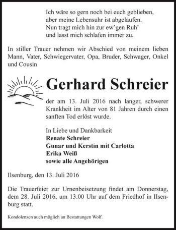 Traueranzeige von Gerhard Schreier  von Magdeburger Volksstimme