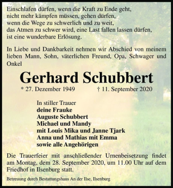 Traueranzeige von Gerhard Schubbert  von Magdeburger Volksstimme
