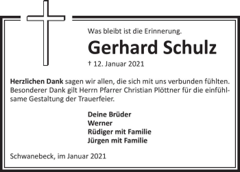 Traueranzeige von Gerhard Schulz  von Magdeburger Volksstimme