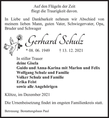 Traueranzeige von Gerhard Schulz  von Magdeburger Volksstimme