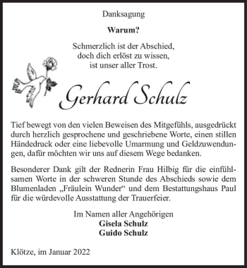 Traueranzeige von Gerhard Schulz  von Magdeburger Volksstimme
