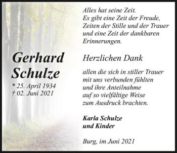 Traueranzeige von Gerhard Schulze  von Magdeburger Volksstimme
