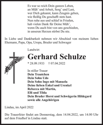 Traueranzeige von Gerhard Schulze  von Magdeburger Volksstimme