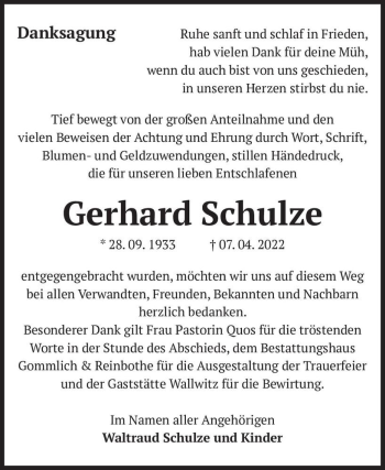 Traueranzeige von Gerhard Schulze  von Magdeburger Volksstimme