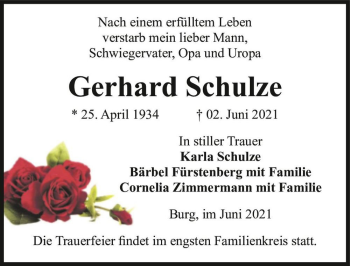 Traueranzeige von Gerhard Schulze  von Magdeburger Volksstimme