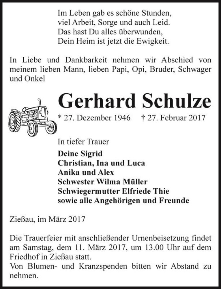  Traueranzeige für Gerhard Schulze  vom 03.03.2017 aus Magdeburger Volksstimme