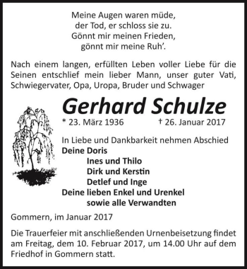 Traueranzeige von Gerhard Schulze  von Magdeburger Volksstimme