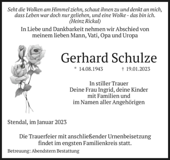 Traueranzeige von Gerhard Schulze  von Magdeburger Volksstimme